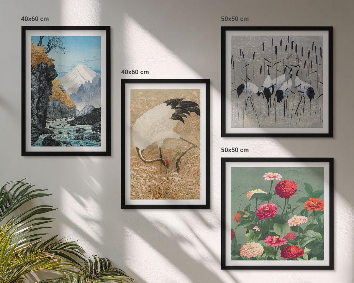 BILDER SET 4er Set - 50x50 cm & 40x60 cm Schwarzer Rahmen - Berge, Fluss, Blumen, Kraniche - Schwarz, Kunststoff (50/50cm) - TULUP