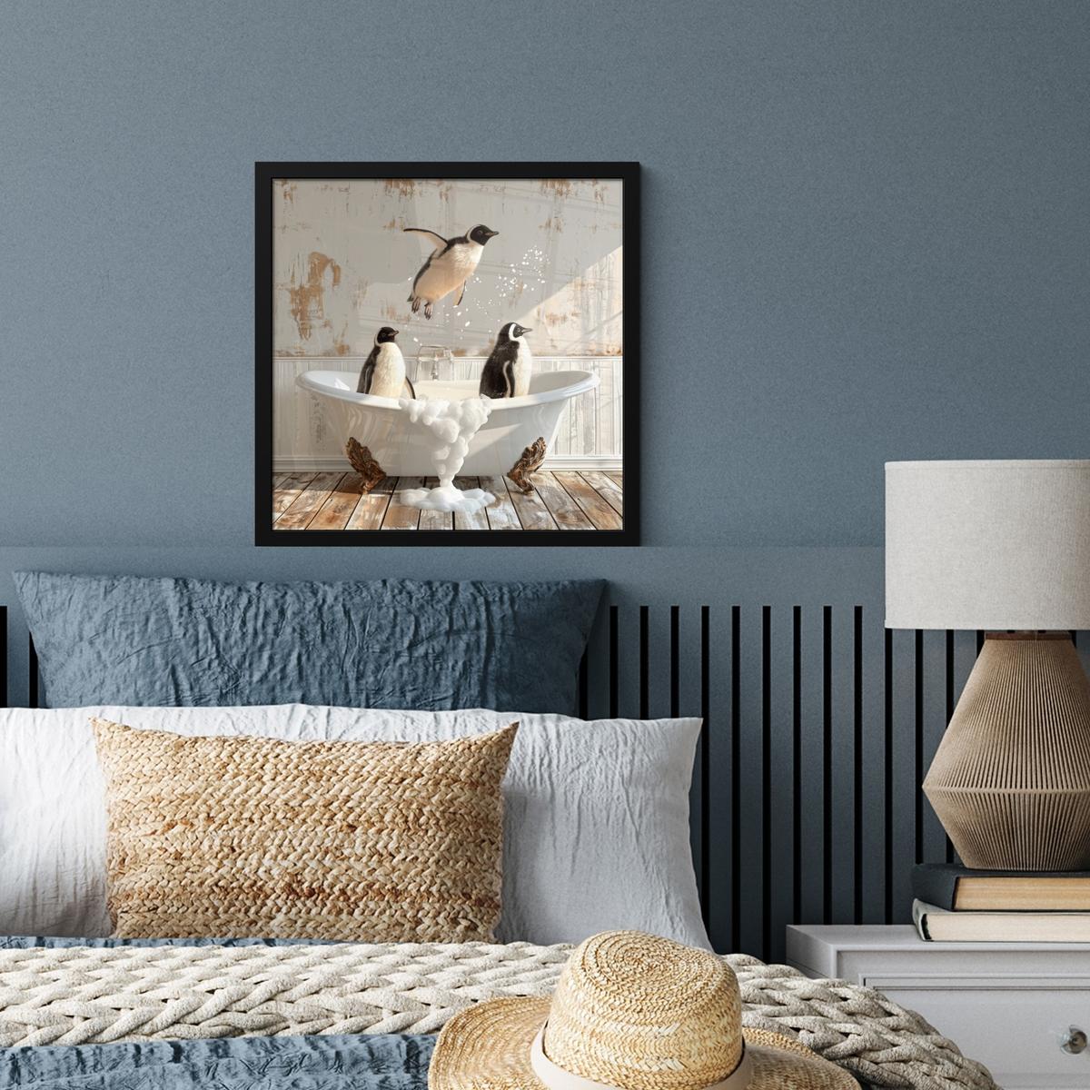 POSTER MIT RAHMENGERAHMTES BILD Vintage - Pinguin - Badewanne - Schaumstoff 40x40 cm - Schwarz, Papier (40/40cm) - MuchoWow