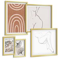 BILDER SET 5er Set - 50x50 cm & 20x30 cm & 40x60 cm Goldrahmen - Abstrakte Boho-Blattformen - Goldfarben, Kunststoff (40/60cm) - TULUP