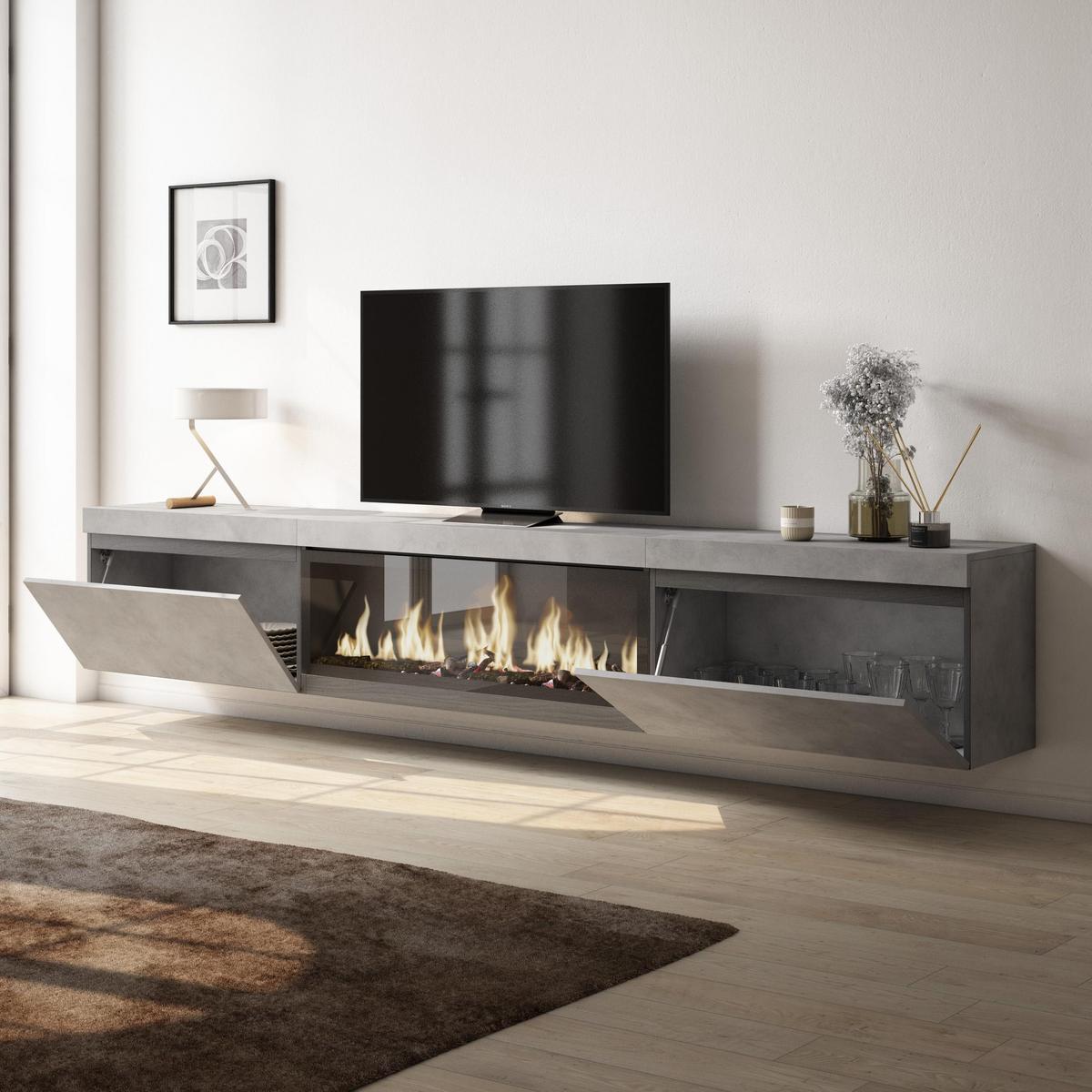 LOWBOARD, mit Elektrokamin XXL, Hängend, Zementgrau, 267/35/45cm - Grau, Holzwerkstoff (267/45/35cm) - Skraut Home