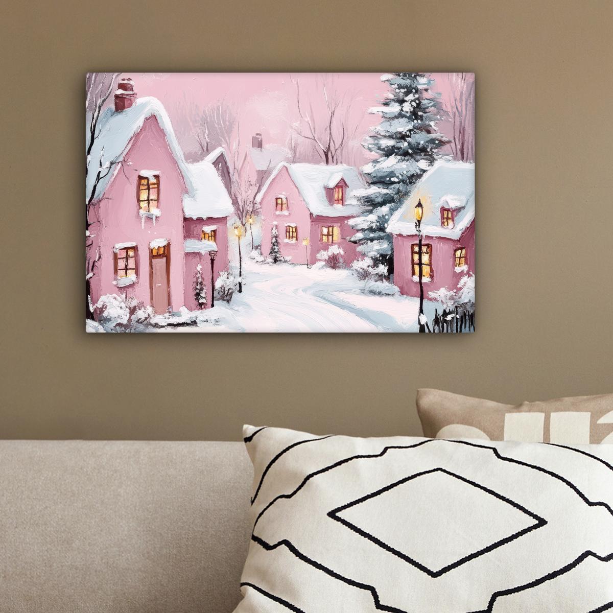 LEINWANDBILD Weihnachtsdorf - Rosa - Winter - Schnee - Häuser Deko Schlafzimmer 30x20 cm - Altrosa, Textil (30/20cm) - MuchoWow