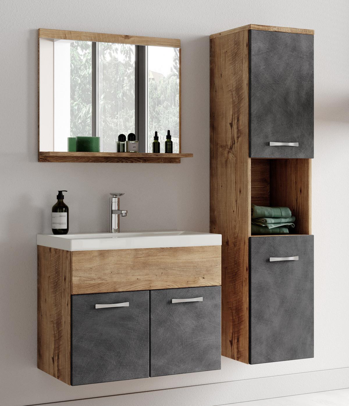 BADMÖBEL-SET Montreal 02 3 Teile Kastanien Eiche / Grau - 60 x 35 x 51 cm - Chromfarben/Dunkelgrau, Holz/Metall (60/51/35cm) - Badplaats
