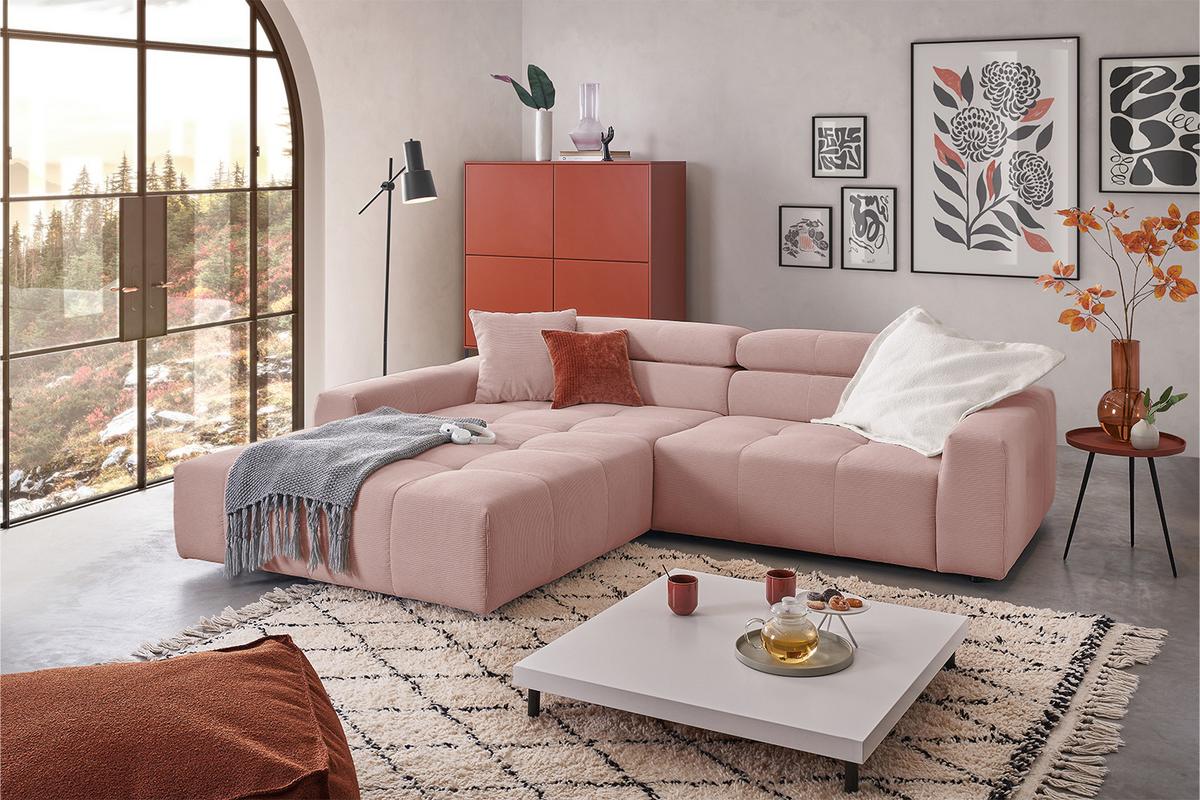 ECKSOFA MIT MOTORISCHEM SITZVORZUG RENO Pink Cord Relaxfunktion - Schwarz/Rosa, Kunststoff/Textil (258/217cm) - KAWOLA