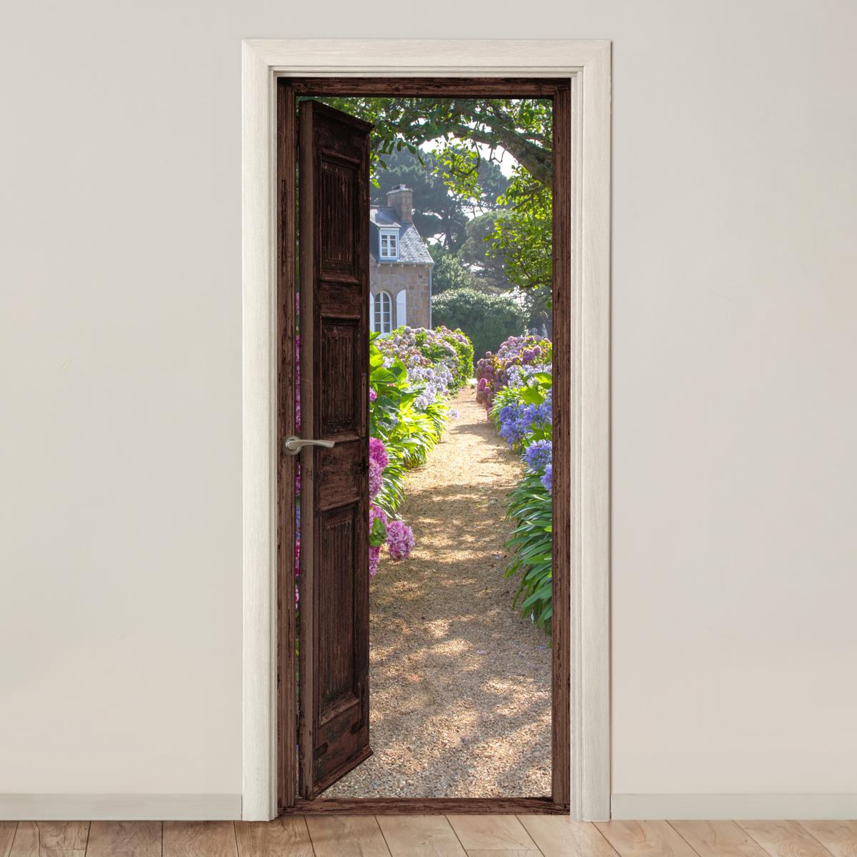 TÜRAUFKLEBER Ansicht - Hortensie - Tür - Blumen - Natur 85x215 cm - Türtapete - Beige, Kunststoff (85/0.1cm) - MuchoWow