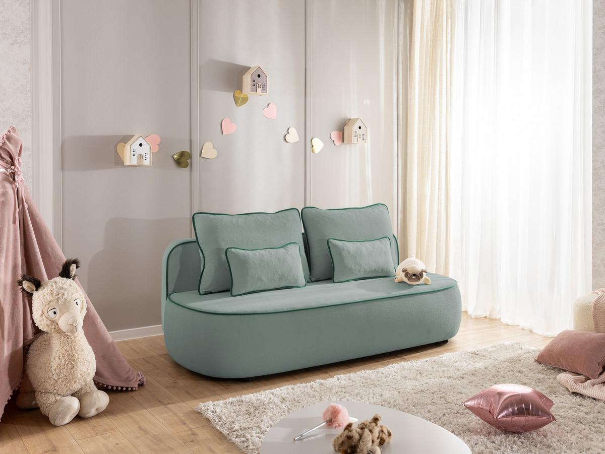 KINDERSOFA Vero im modernen und abgerundeten Design mit Schlaffunktion und Bettkasten aus Blaugrau Plüschstoff mit petrolfarbener Paspel - Blaugrau/Schwarz, Holz/Kunststoff (210/90/98cm) - S-Style Möbel