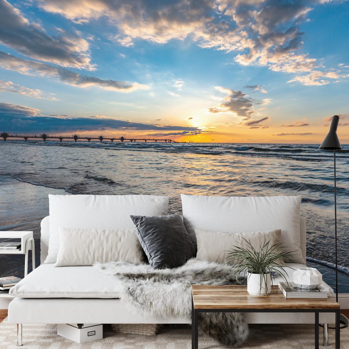 FOTOTAPETE für Wohnzimmer Sonnenuntergang Pier Romantik Meer 100x70 - Blau/Gelb, Papier (100/70cm) - Muralo
