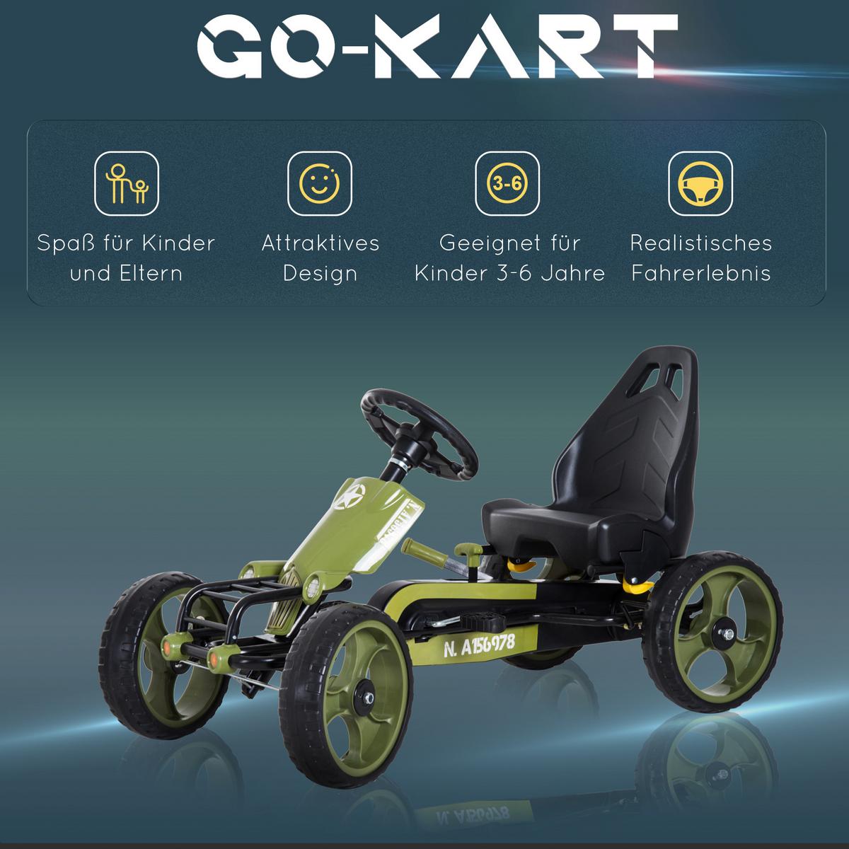 GO Kart Kettcar mit Handbremse Kinder Tretauto Tretfahrzeug ab 3 Jahre Grün - Grün, Metall (105/54/61cm) - HOMCOM