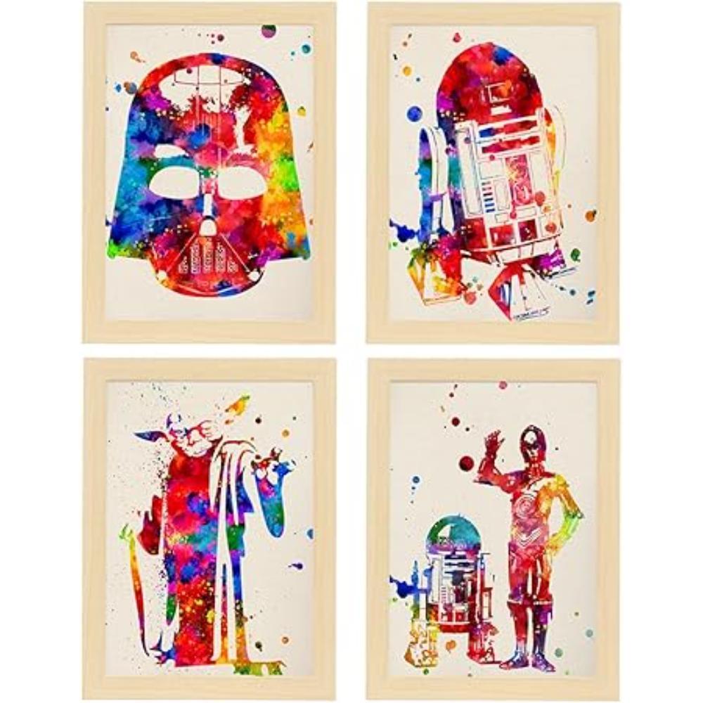 POSTER Set mit 4 Star Wars Film Darth Vader, Yoda, R2D2 und C3PO A4 Rahmen aus hellem Holz - Beige, Papier (29.7/3cm) - Nacnic