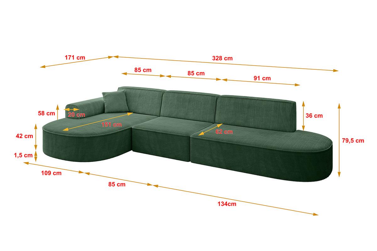 ECKSOFA Ottomane Links MARI-L2 - 328x171x79 cm Grün Cord - Schwarz/Grün, Holzwerkstoff/Kunststoff (171/321cm) - ALTDECOR