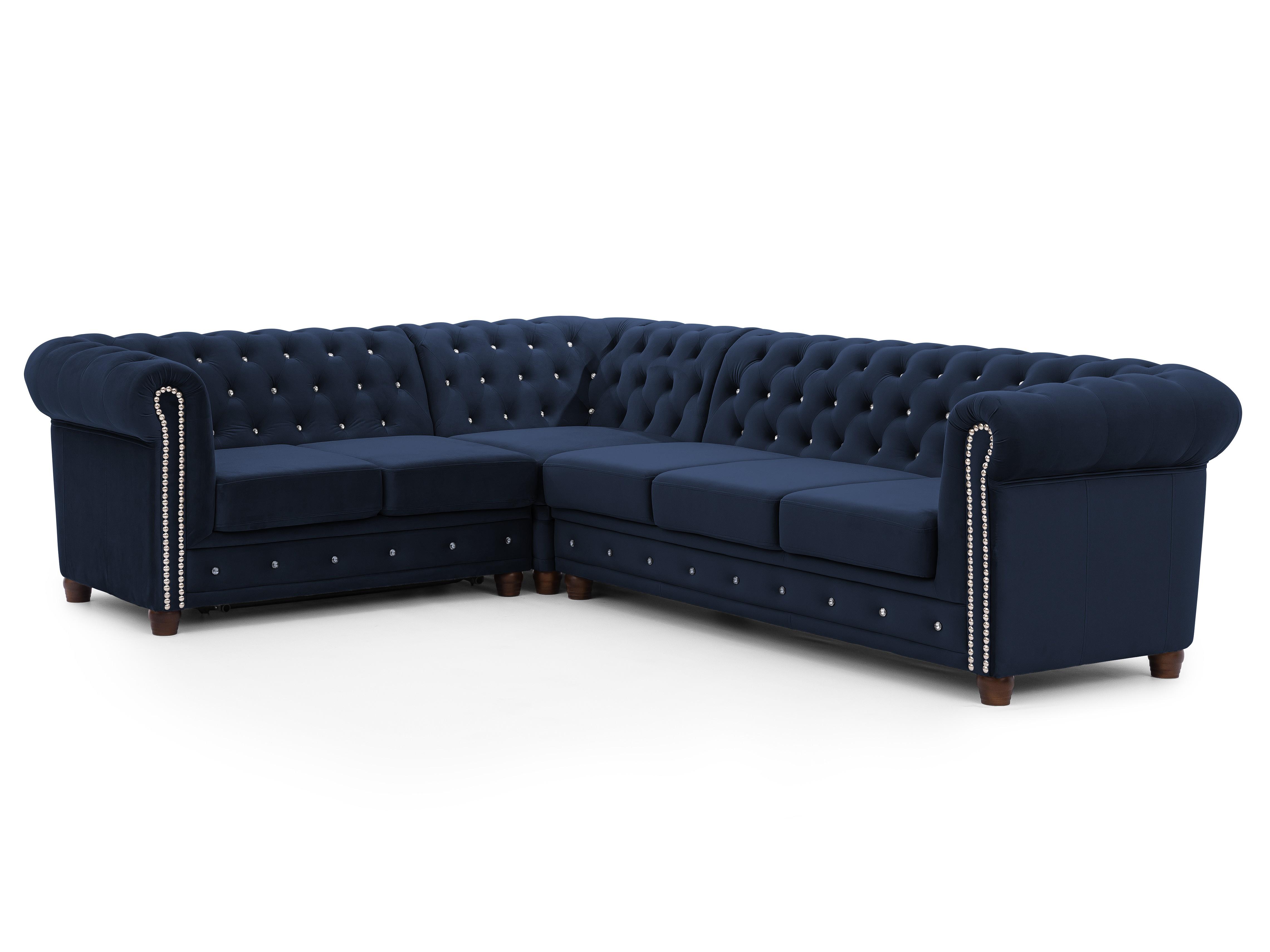 ECKSOFA mit Schlaffunktion Chesterfield Marineblau Samt mit Kristallsteppung und braunen Massivholzfüßen - Ottomane Links - Blau/Braun, Holz/Textil (264/210cm) - S-Style Möbel