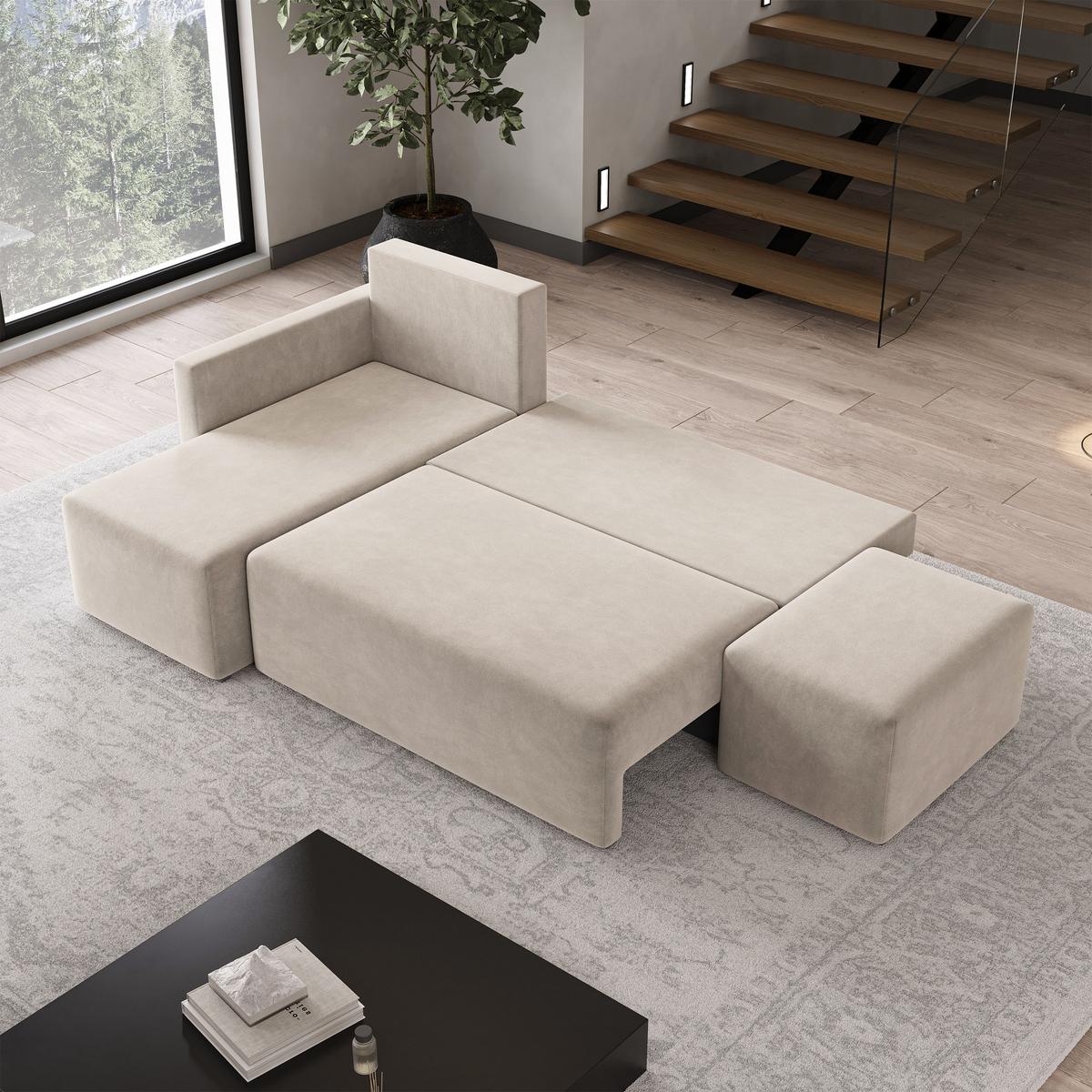 ECKSOFA VELOTTI L-S Beige Plüsch-Stoff mit Schlaffunktion - Beige, Holz (261/143cm) - MASSENO