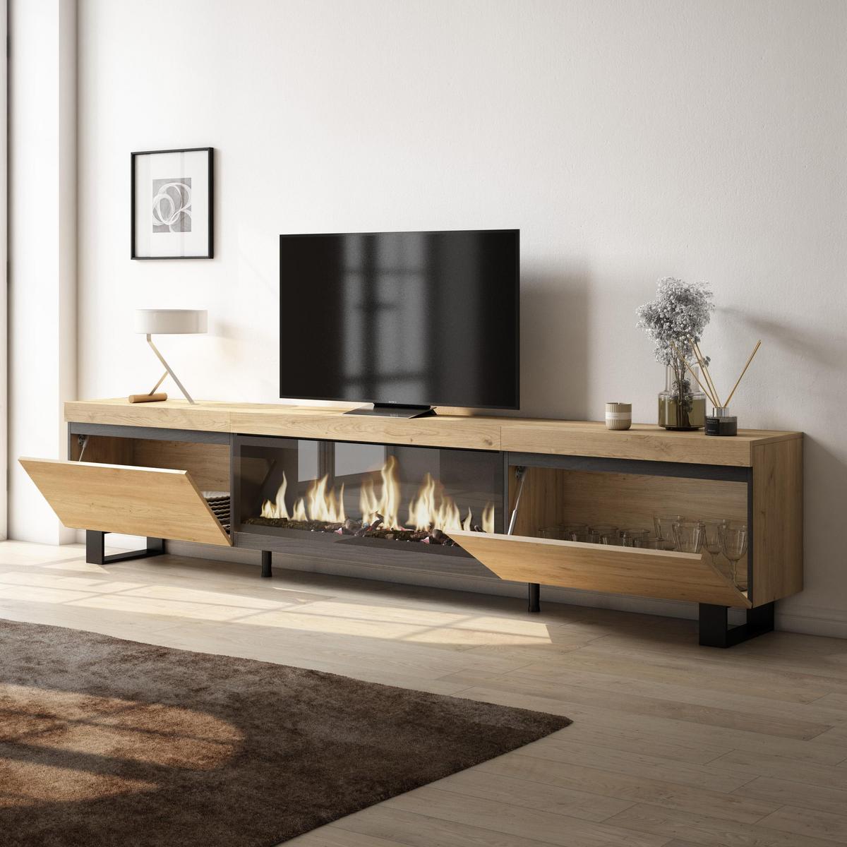 LOWBOARD, Tv-Schrank, mit Elektrokamin XXL, Eiche, 267/35/57cm - Eichefarben, Holzwerkstoff (267/57/35cm) - Skraut Home