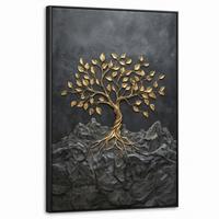 LEINWAND Bilder mit Rahmen - Blätter - Gold - Baum - Fels - 60x90 - Schwarz, Textil (60/90cm) - MuchoWow