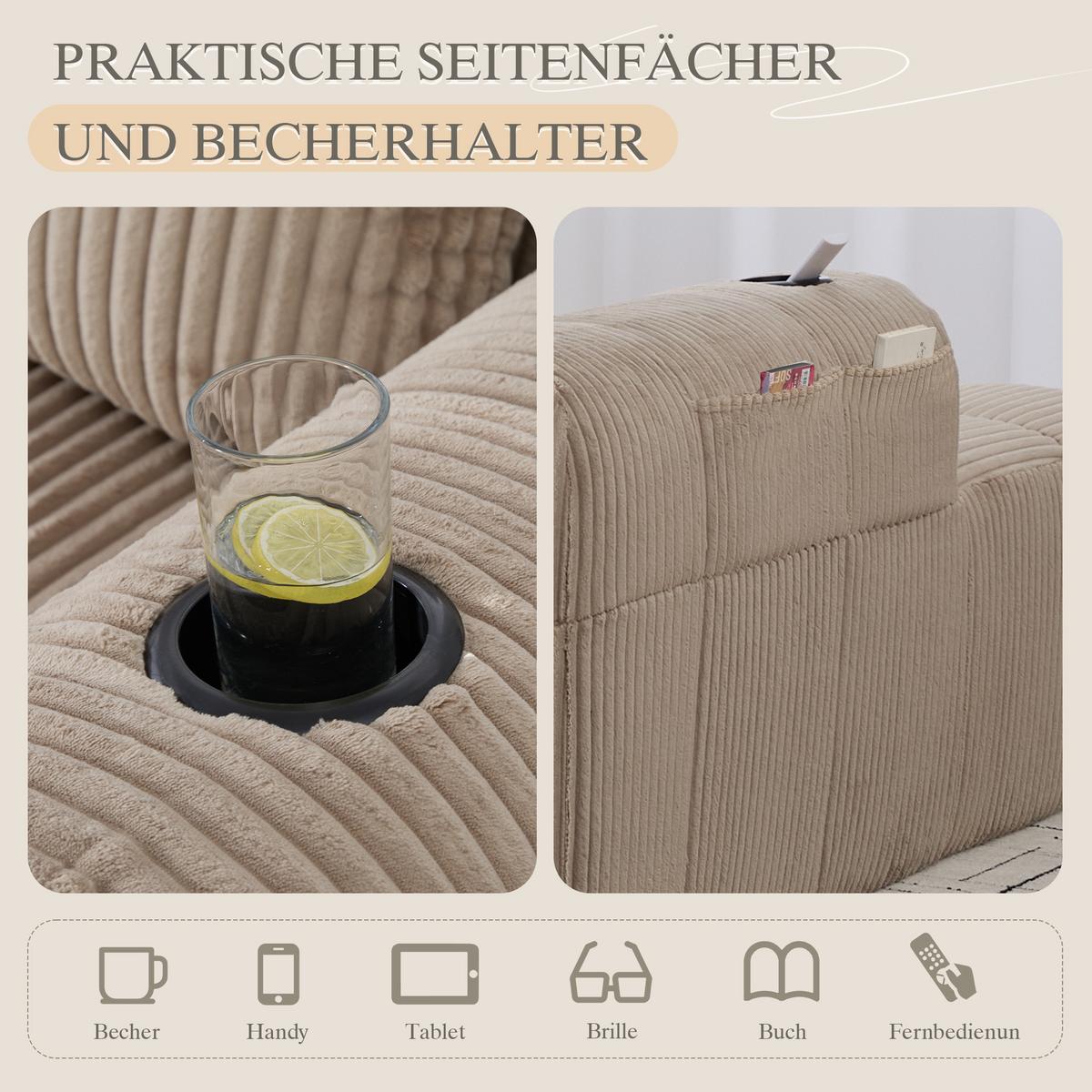 CHAISELONGUE in Cord (158 cm) mit Getränkehalter & Seitentaschen - Taupe, Textil (158/61/93cm) - Urban Meuble