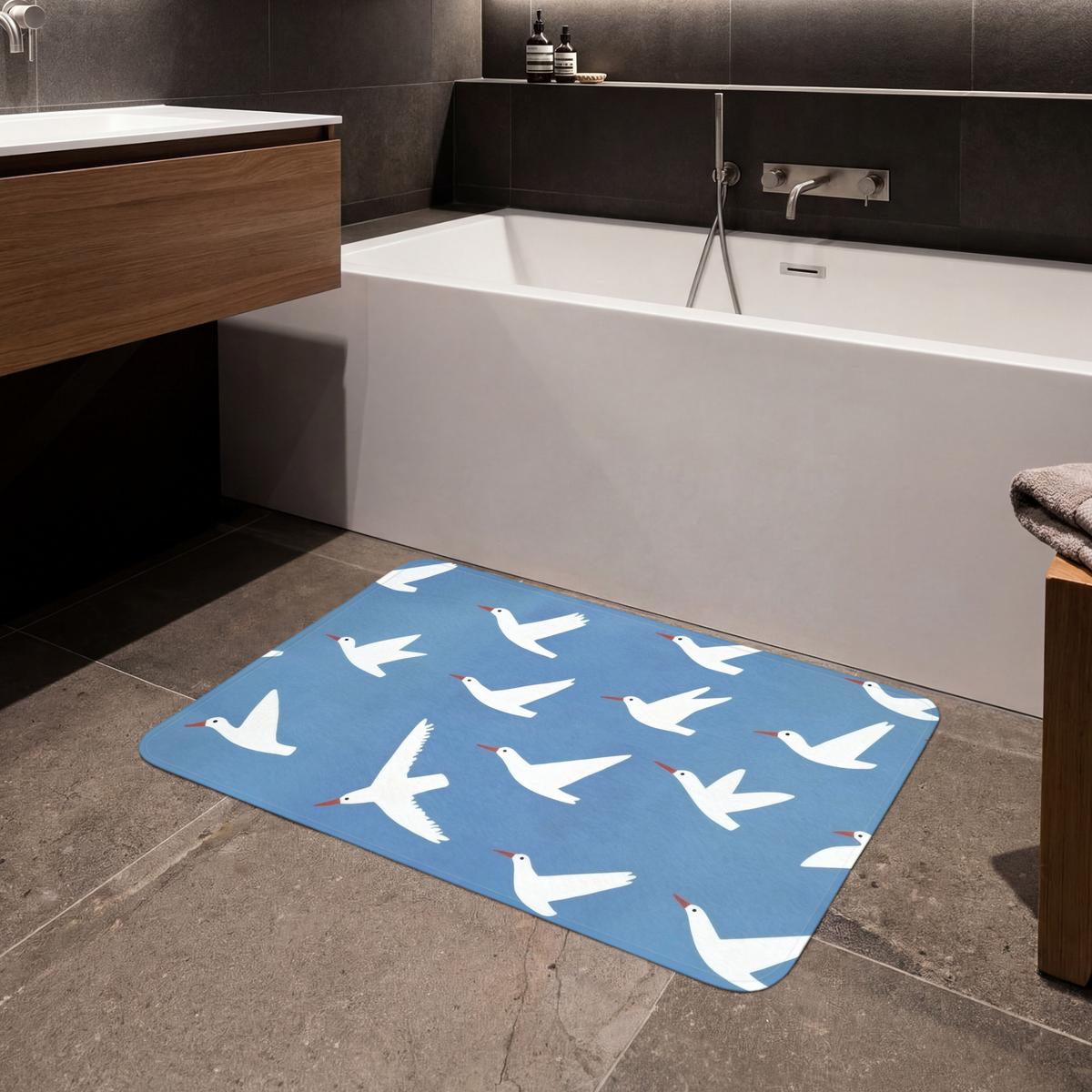 BADEMATTE Vögel - Weiß - Muster 90x60 cm - Blau, Textil (90/60cm) - OnlyWow
