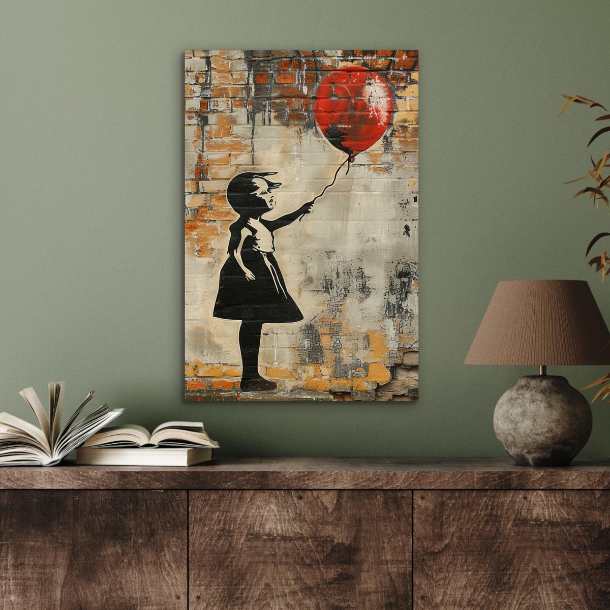 METALLBILD Graffiti - Banksy - Mädchen - Straßenkunst Deko Schlafzimmer 40x60 cm - Sandfarben, Metall (40/60cm) - MuchoWow