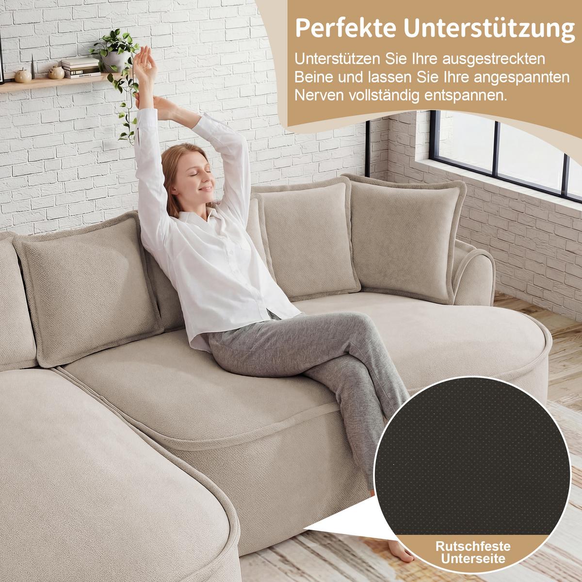 ECKSOFA chenille mit extra tiefer chaiselongue & rahmenlosem design - Hellbraun, Textil (252/164cm) - Urban Meuble