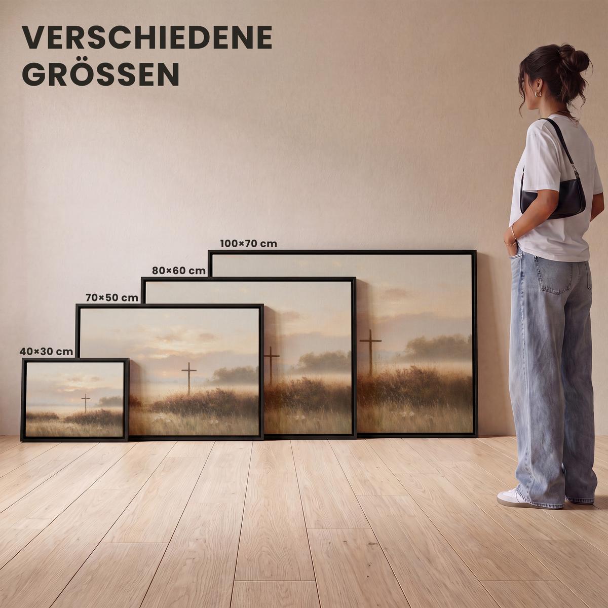 LEINWAND Bilder mit Rahmen - Gras - Morgennebel - Kreuz - Christentum - 40x30 - Beige, Textil (40/30cm) - MuchoWow