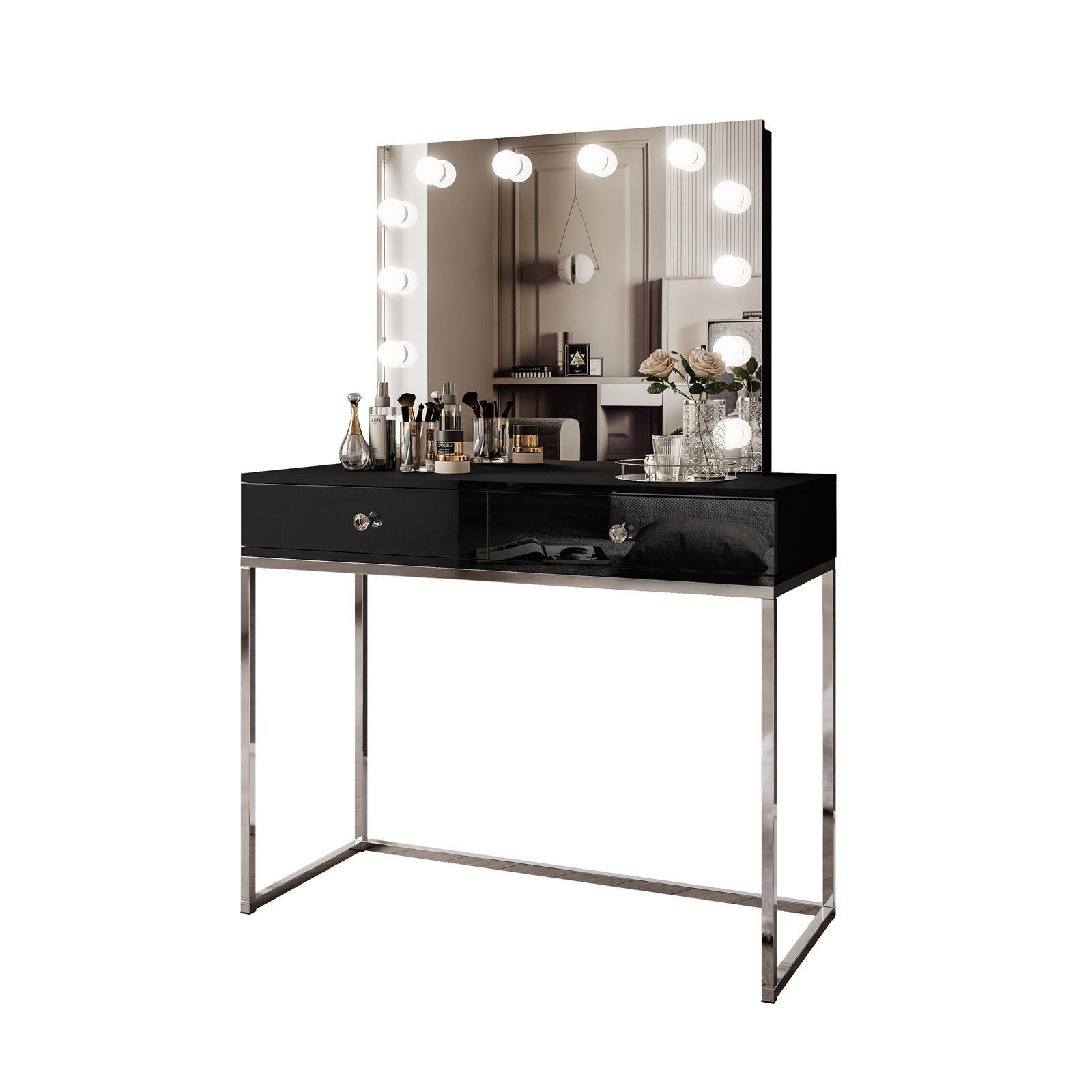 SCHMINKTISCH BLANCO GLAMOUR ELITE mit Spiegel und Beleuchtung Schwarz Hochglanz Kristallgriff - Weiß Hochglanz/Silberfarben, Holzwerkstoff (100/146/42cm) - Lookway