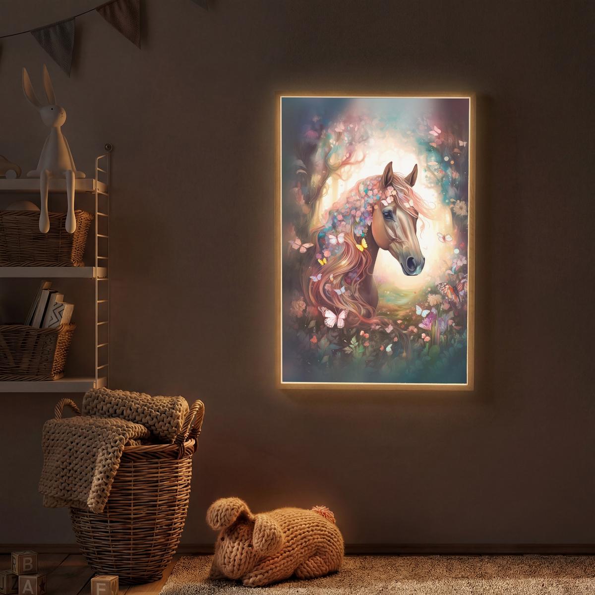 WANDLEUCHTE MIT AKKU Pferd - Natur - Blumen - Schmetterlinge - Wald 60x90 cm - Dunkelbraun, Holzwerkstoff (60/90/8cm) - OnlyWow