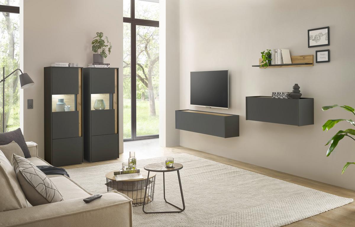 WOHNWAND grau matt, Eiche Wotan 270 cm, Wohnkombination hängend mit Sekretär - Eiche Wotan/Grau, Holzwerkstoff/Metall (270/170/30cm) - Furn.Design