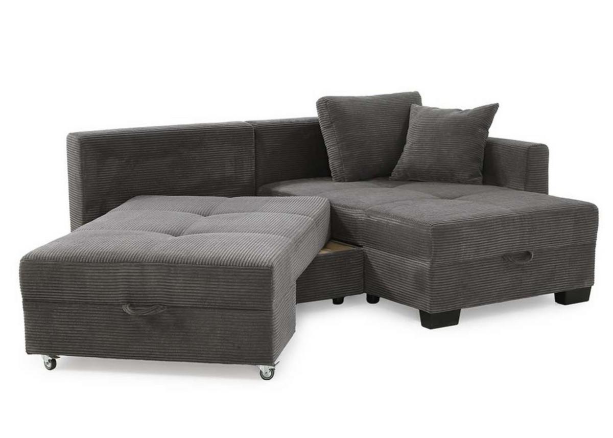 ECKSOFA Doppelbett mit Bettkasten, seitenverkehrt montierbar B247/T155/H87 cm, Liegefläche 183x207 cm, Cord Dunkelgrau / 15214 - Dunkelgrau/Schwarz, Kunststoff/Textil (247/155cm) - luma-home