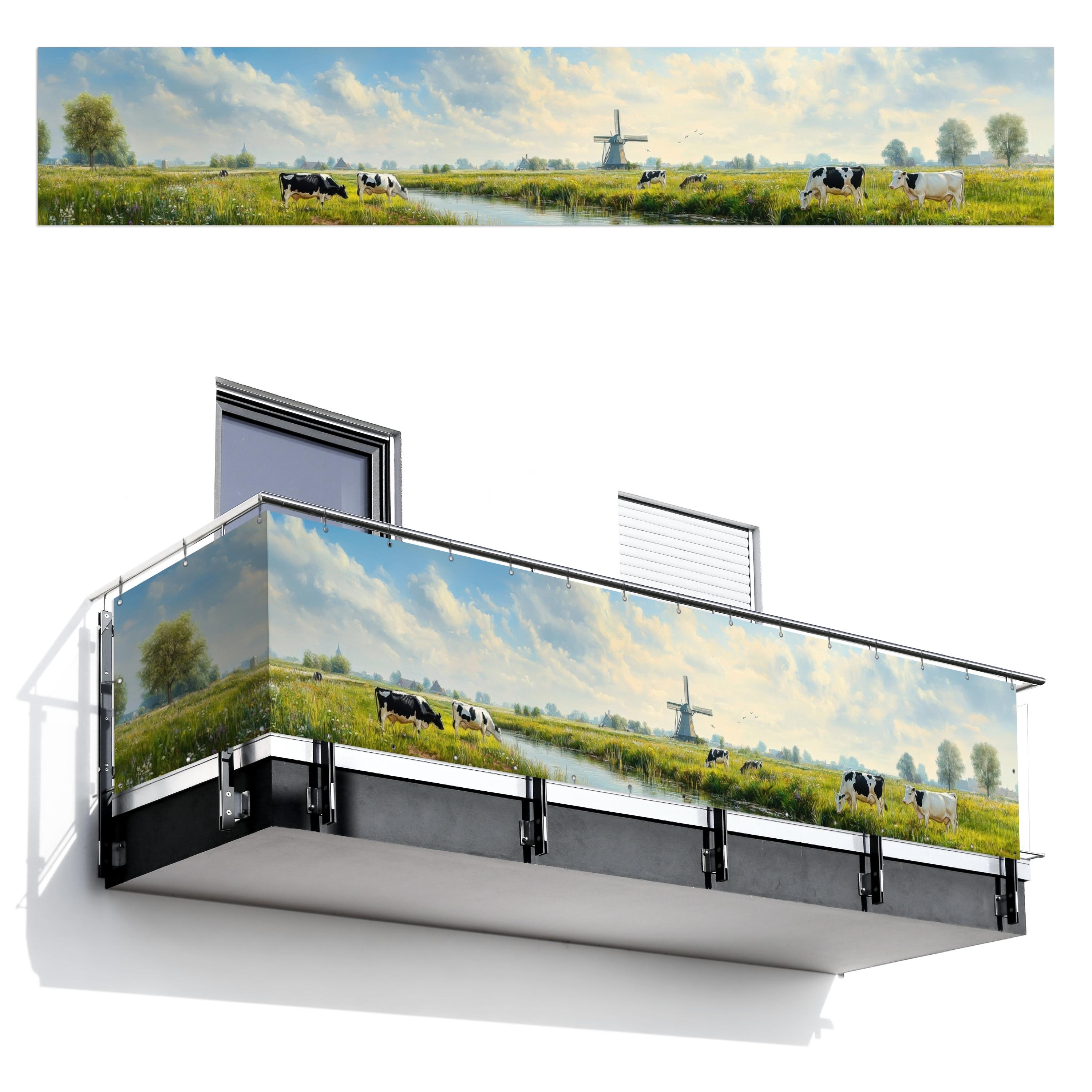 BALKON-SICHTSCHUTZ Kühe - Windmühle - Wiese - Blau Groß 500x90 cm - Grün, Kunststoff (500/90cm) - MuchoWow