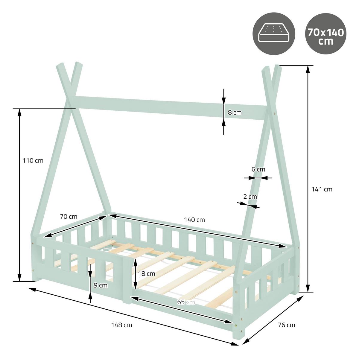 KINDERBETT Tipi 70x140 cm Mint - Mintgrün, Holz (70/140cm) - ML-DESIGN