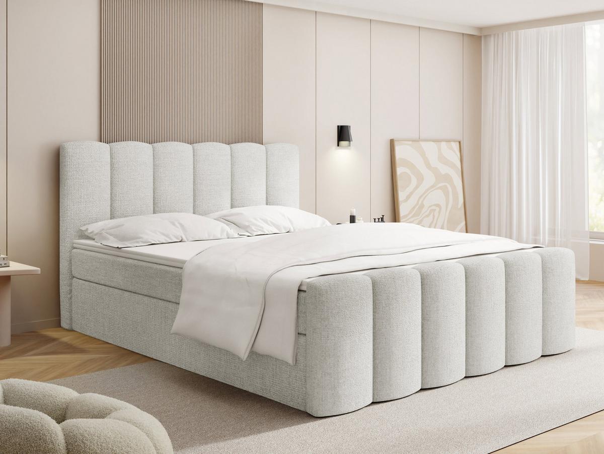 BOXBETT Serenity mit Bettkasten, Weiß Chenille 120x200 cm – inkl. H4 Taschenfederkern Matratze & Foam Topper - Schwarz/Weiß, Holz/Holzwerkstoff (120/200cm) - WFL GROUP