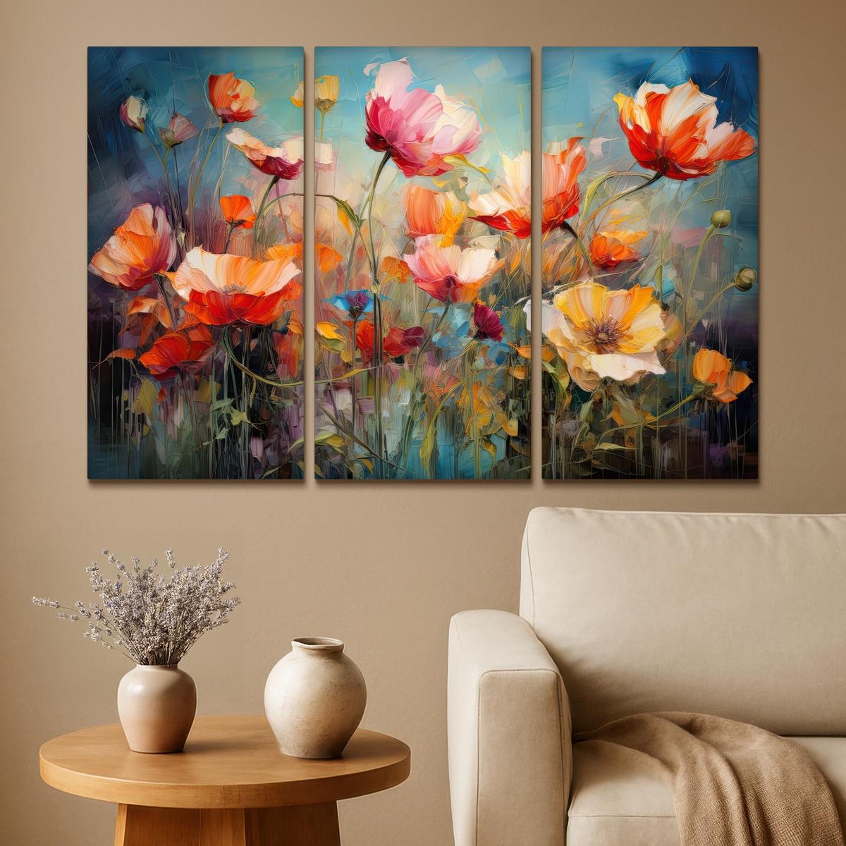 LEINWANDBILD 3er Set Blumen - Bunt - Abstrakt 120x80 cm - Blaugrau, Textil (120/80cm) - MuchoWow