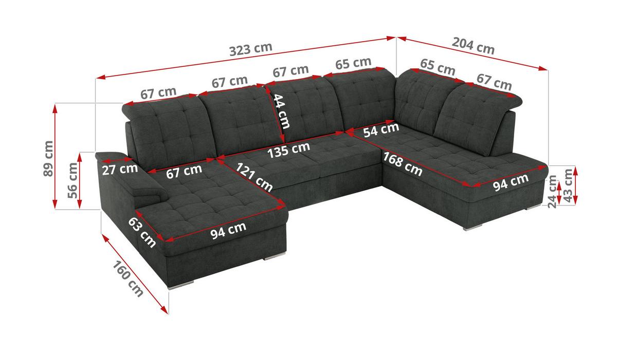 WOHNLANDSCHAFT MADRITO U - Dunkelgrau Struktur - Links - Dunkelgrau/Silberfarben, Textil/Metall (204/89/323cm) - MKS