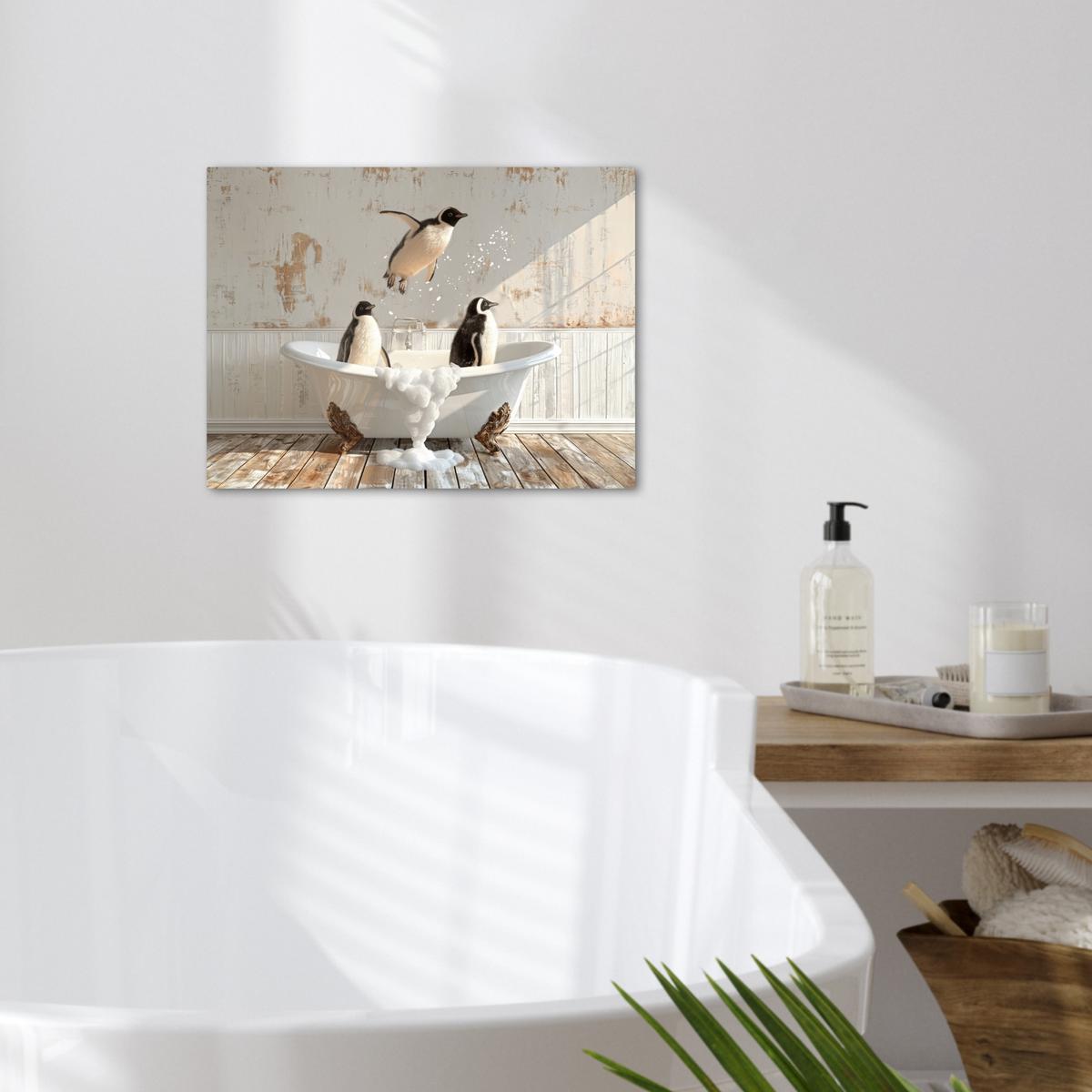 LEINWANDBILD Vintage - Pinguin - Badewanne - Schaumstoff Wandbild 40x30 cm - Schwarz, Textil (40/30cm) - MuchoWow