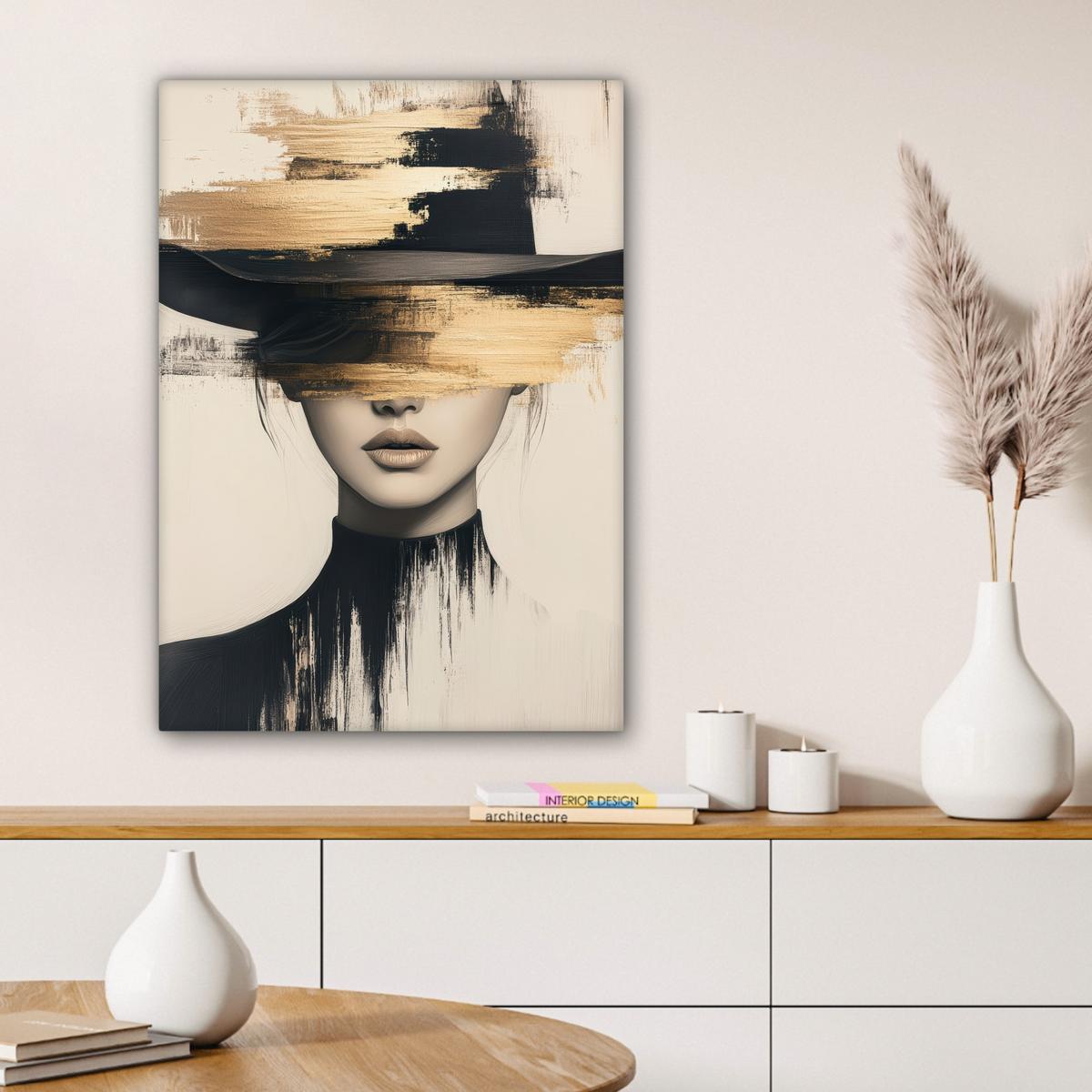 LEINWANDBILD Frau - Hut - Farbe Wandbild Wohnzimmer 60x80 cm - Goldfarben, Textil (60/80cm) - MuchoWow