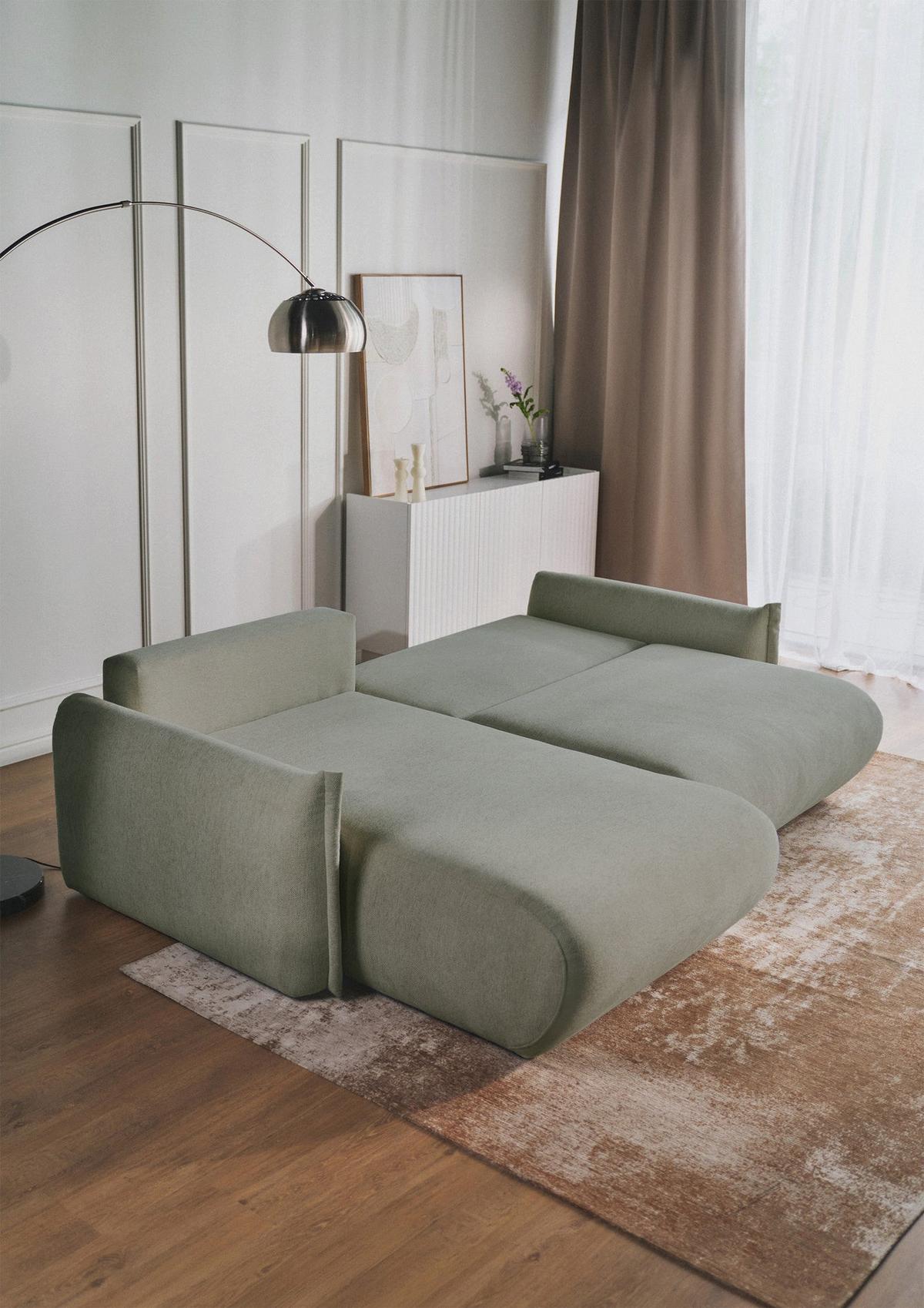 ECKSOFA Cushi Salbeigrün-Chenille - Schwarz/Hellgrün, Kunststoff/Textil (252/183cm) - Selsey