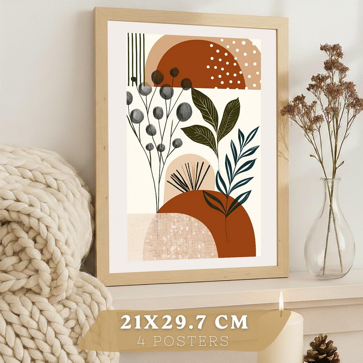 POSTER 4er Kunstdruck-Set Wandbilder Botanisch Abstrakt modern Wohnzimmer Deko, Schlafzimmer, Küche, Badezimmer Leichter Holzrahmen A3 - Beige, Papier (29.7/1/42cm) - Nacnic