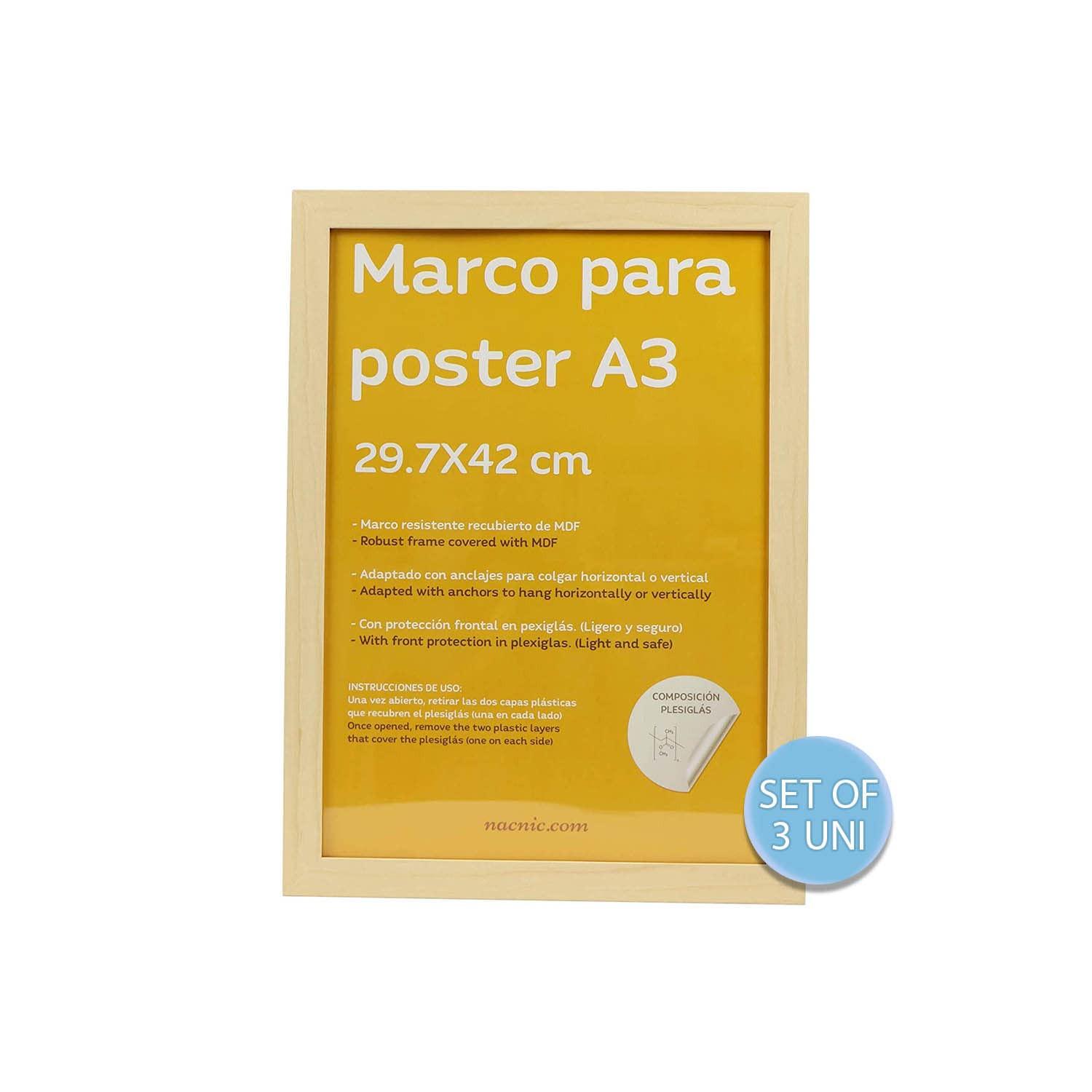 RAHMEN Set mit 3 aus MDF und Acrylglas Schutz und Aussteller für Fotografien, Bilder, Poster, Gemälde, Dekoration für Haus Farbe Hellholz A3 - Beige, Holz (29.7/3cm) - Nacnic