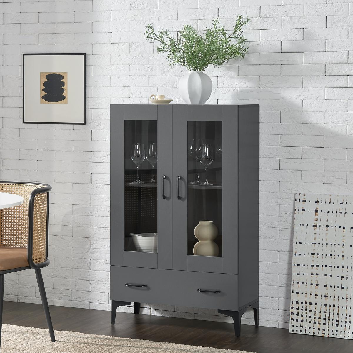 VITRINE Søndersø - Dunkelgrau, Glas/Holzwerkstoff (70/115/31cm) - [en.casa]