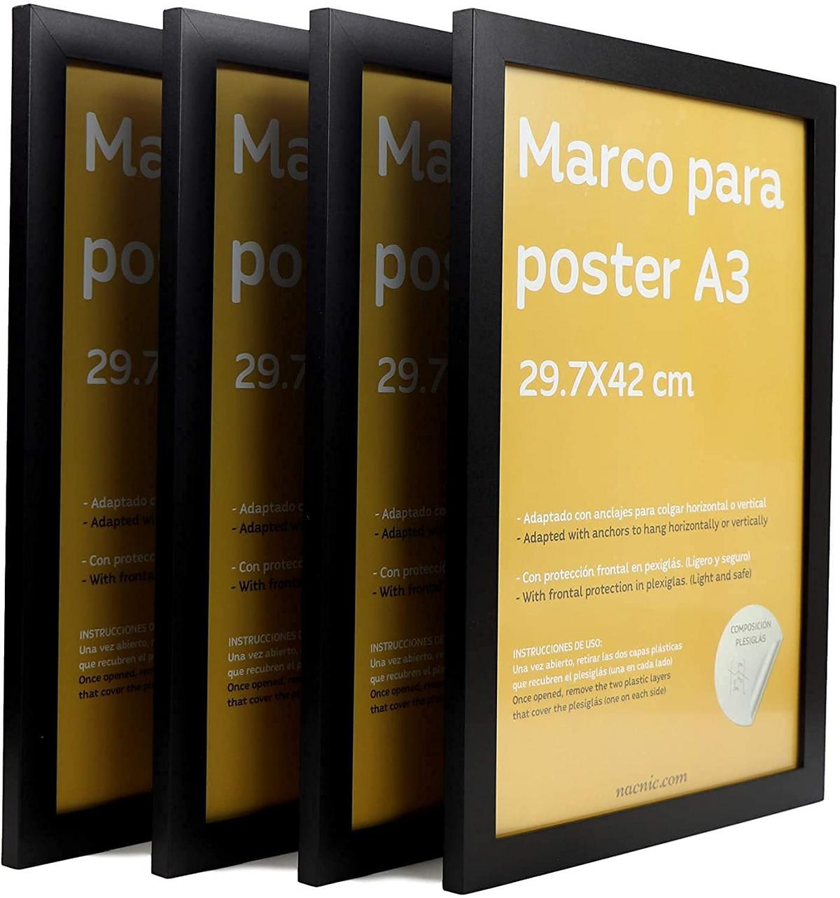 RAHMEN Set mit 12 aus MDF und Acrylglas Schutz und Aussteller für Fotografien, Bilder, Poster, Gemälde, Dekoration für Haus Farbe Schwarz A3 - Schwarz, Holz (29.7/3cm) - Nacnic