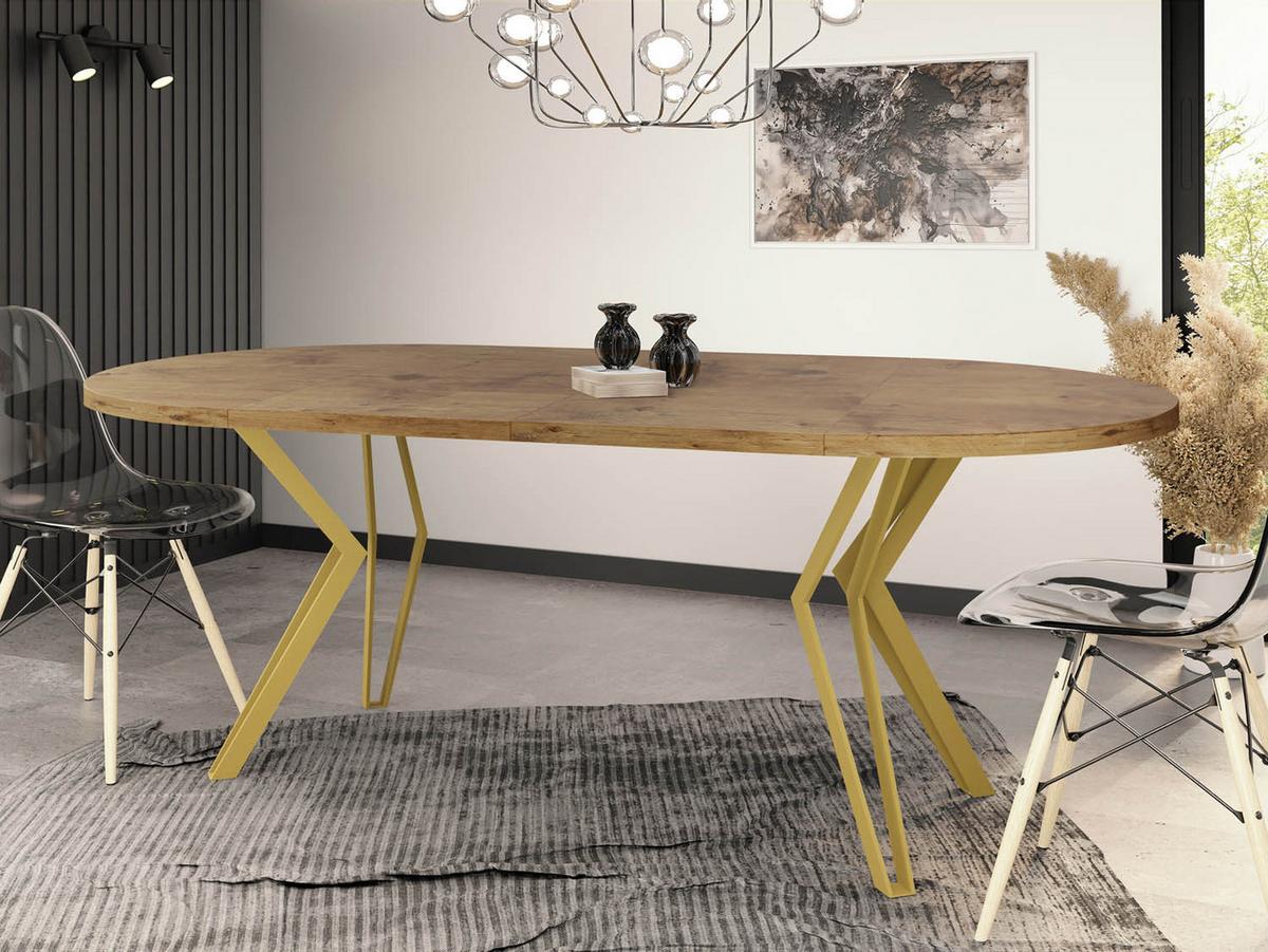 ESSTISCH Daisy runder ausziehbarer, Lancelot Eiche 120-200/100/76 cm - Eichefarben/Goldfarben, Holzwerkstoff/Metall (120/200/76cm) - WFL GROUP
