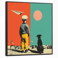 LEINWAND Bilder mit Rahmen - Retro - Junge - Hund - Rot - Grün - 90x90 - Orange, Textil (90/90cm) - MuchoWow