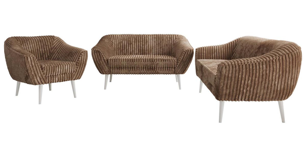 SITZGARNITUR PIRS 3+2+1 - Braun Cord - Weiße Beine - Braun/Weiß, Holzwerkstoff/Textil (180/75/74cm) - MKS