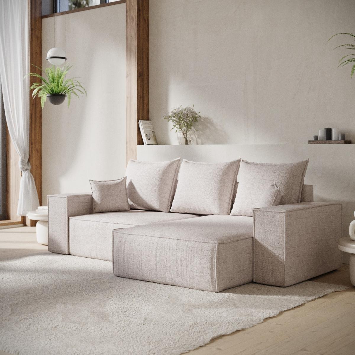 ECKSOFA SENSO mit Schlaffunktion Hellbeige im Neve Stoff - Sandfarben/Schwarz, Holz/Holzwerkstoff (255/148cm) - AltaBeds