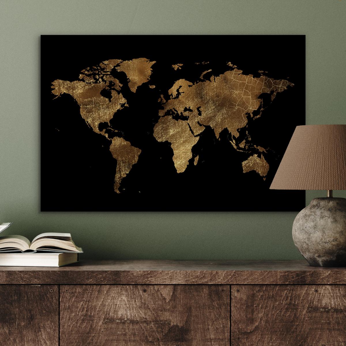 METALLBILD Weltkarte - Gold - Luxus - Erde - Schwarz Wandbild 60x40 cm - Goldfarben, Metall (60/40cm) - MuchoWow