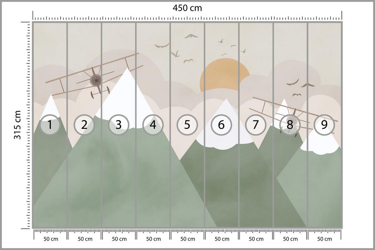FOTOTAPETE für Kinderzimmer Berge Flugzeuge Wolken 450x315 - Beige/Orange, Papier (450/315cm) - Muralo
