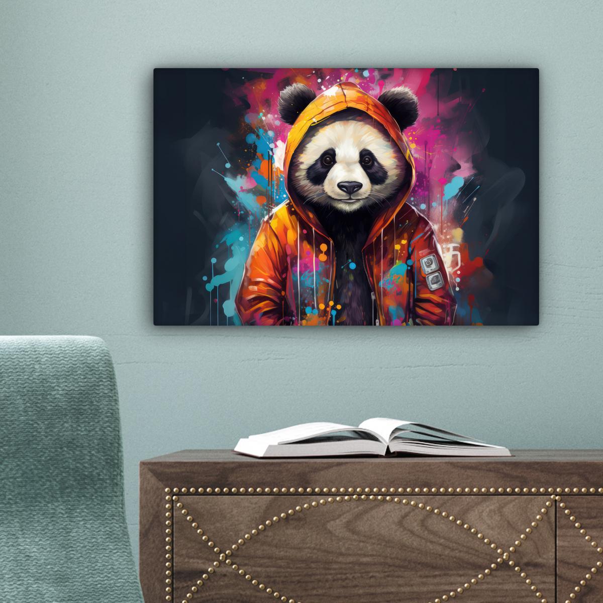 LEINWANDBILD Panda - Jacke - Graffiti - Orange Deko Schlafzimmer 30x20 cm - Orange, Textil (30/20cm) - MuchoWow