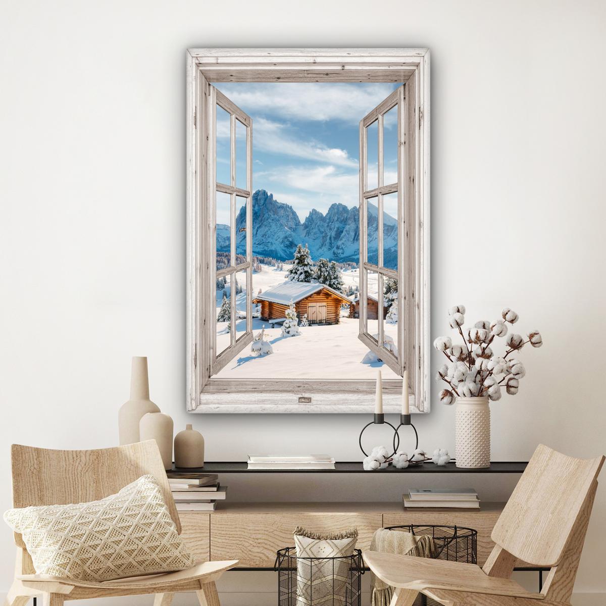 LEINWANDBILD Winterlandschaft - Hütte - Berge - Ausblicke - Aussicht - Natur Deko XXL 80x120 cm - Weiß Hochglanz, Textil (80/120cm) - MuchoWow