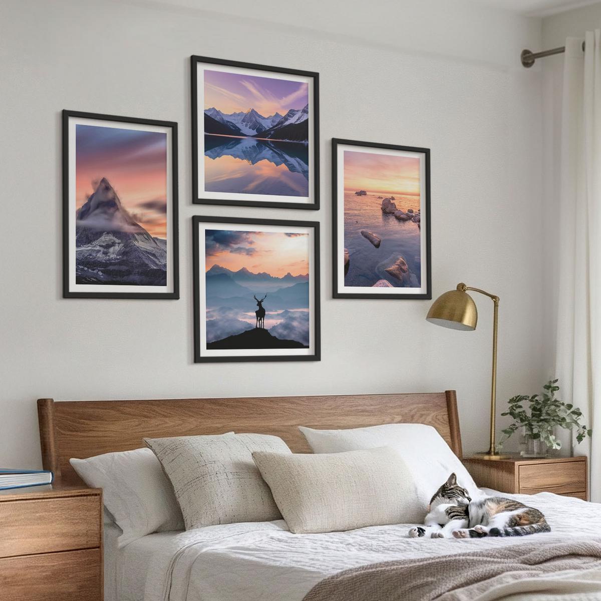 BILDER SET 4er Set - 50x50 cm & 40x60 cm Schwarzer Rahmen - Landschaften Berge Seen jelen - Schwarz, Kunststoff (50/50cm) - TULUP
