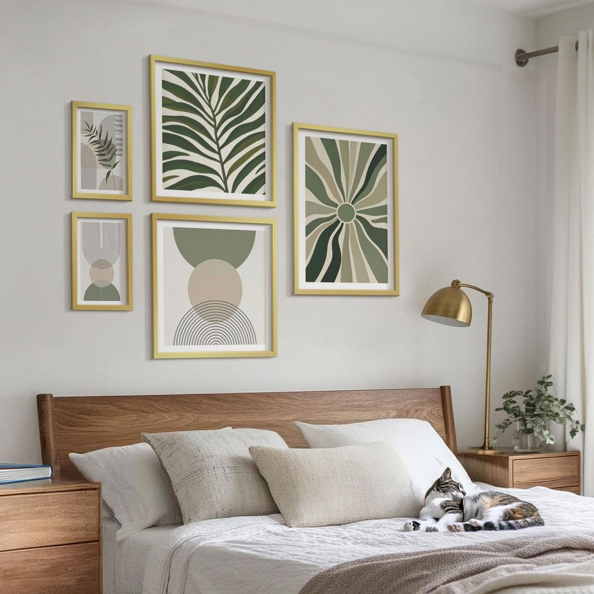 BILDER SET 5er Set - 50x50 cm & 20x30 cm & 40x60 cm Goldrahmen - Abstrakte Blätter im Boho-Stil - Goldfarben, Kunststoff (40/60cm) - TULUP