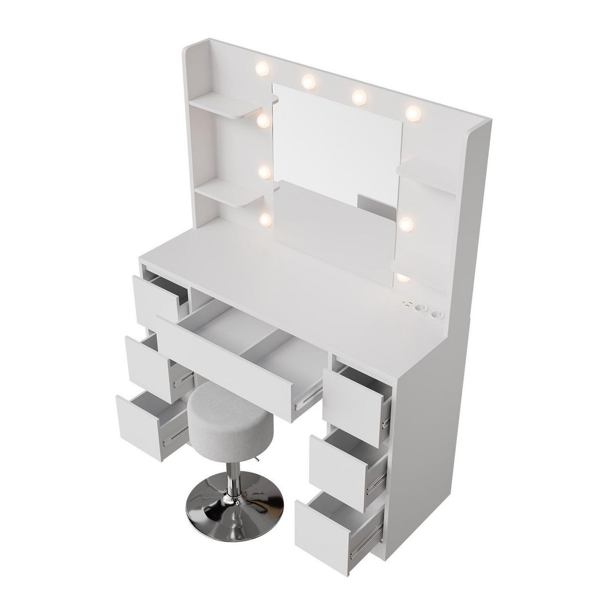 SCHMINKTISCH Malia mit LED und Hocker Tonia - Weiß, Holz (107/140/40cm) - Juskys