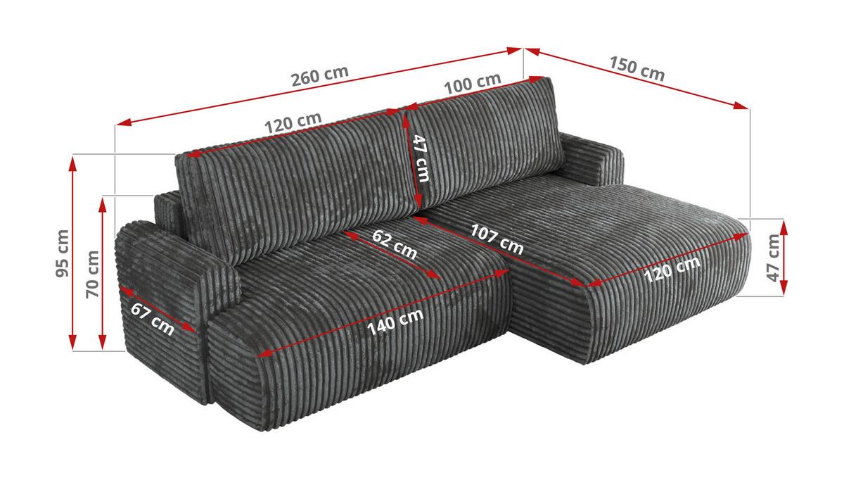 ECKSCHLAFSOFA TONO L Dunkelgrau Cord - links - Dunkelgrau/Schwarz, Kunststoff/Textil (260/150cm) - MKS